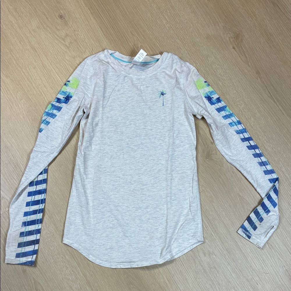 Ivivva Calm to Energy long-sleeve shirt girls white heather palm tree graphic 8